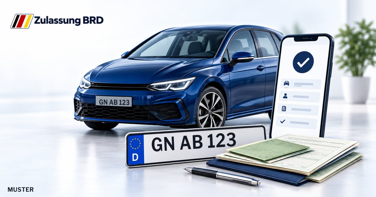 Online Fahrzeugzulassung in Schlüchtern: Musterkennzeichen GN AB 123, Auto und Fahrzeugpapiere und Smartphone. Illustration mit Logo von Zulassung BRD.